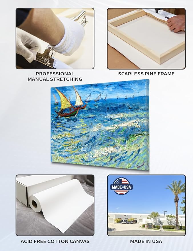 DECORARTS - Fishing Boats at Sea, Vincent Van Gogh Art Reproduction. Giclee Print on Canvas. Wall Art for Home. 40x32