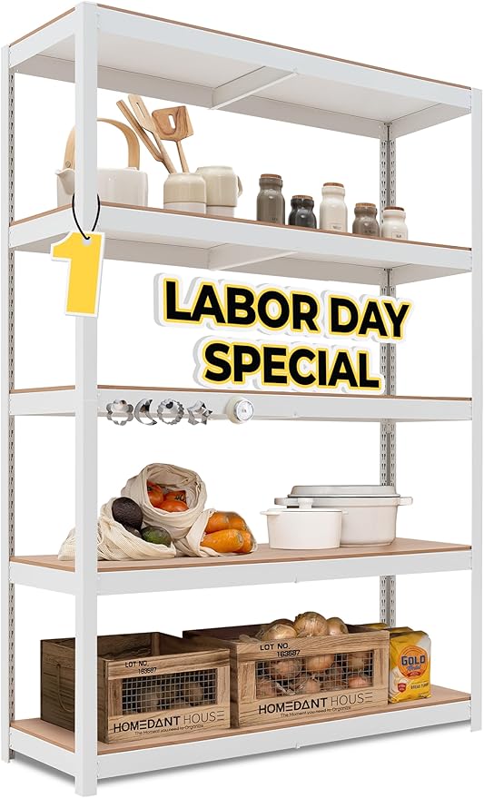 HOMEDANT House White 48" Wide Boltless Heavy Duty Garage Storage Shelving Adjustable 5-Tier Metal Shelves Laminated Organization Shelf Industrial Utility Rack Pantry Shed Office Store 1Pack