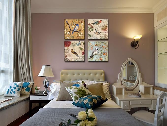 Flowers Birds Canvas Wall Art for Bedroom Floral Wall Decor Butterfly Picture Framed Artwork Vintage Prints Paintings for Bathroom Kitchen Decorations