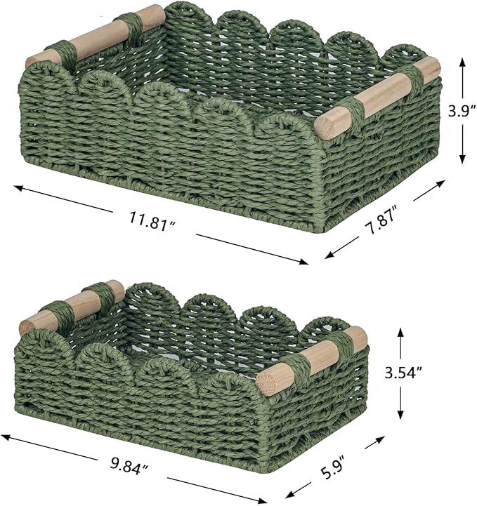 CubesLand Scalloped Edge Decor Baskets for Home, Living Room, Toilet Paper Storage Basket for Over Toilet Shelf, End Table,Shelves and More, Small Paper Rope Baskets Both Storage&Decor, Set 2 Green