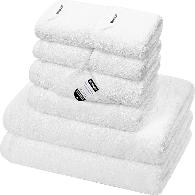 SEMAXE White Bath Towel Set, 100% Cotton Bathroom Towels with Hanging Loops and Nano-Bio Lifecycle Labels, Luxury 8 Piece Towel Set Include 2 Bath Towels, 2 Hand Towels, 4 Washcloths