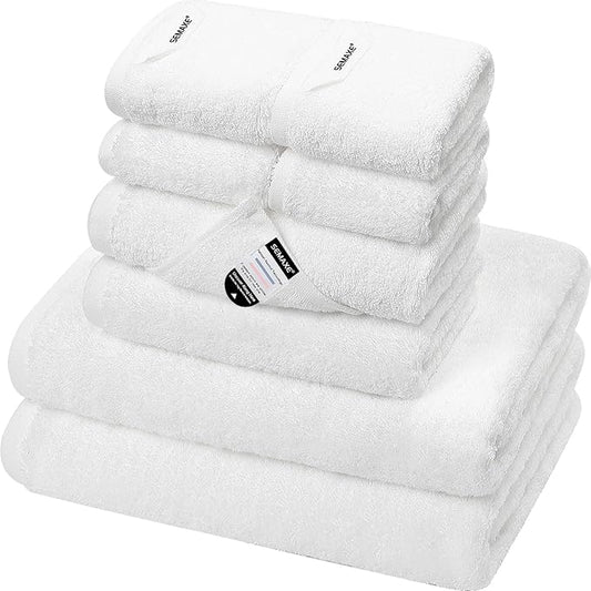 SEMAXE White Bath Towel Set, 100% Cotton Bathroom Towels with Hanging Loops and Nano-Bio Lifecycle Labels, Luxury 8 Piece Towel Set Include 2 Bath Towels, 2 Hand Towels, 4 Washcloths
