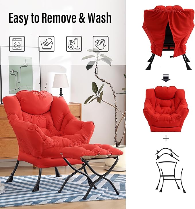 Modern Lazy Chair with Folding Footrest, Lounge Accent & Comfortable Reading Chair (Red)