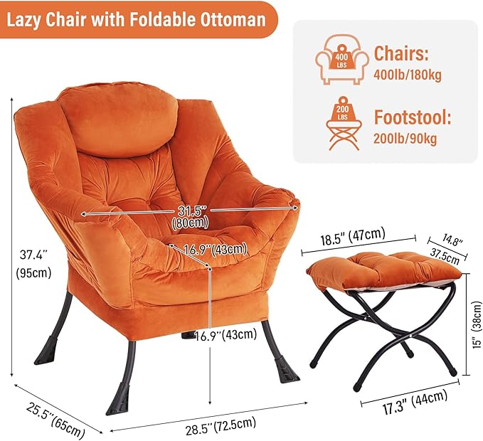 Lazy Chair with Ottoman, Modern Chair with Folding Footrest, Lounge Accent Chair, Comfortable Reading Chair, Oversized Armchairs for Bedroom, Study, Living Room, Courtyard (Velvet Orange)
