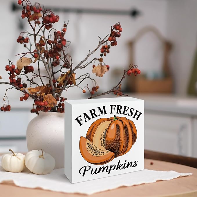 Pumpkins Decoration, Fall Decor Signs, Autumn Thanksgiving Wooden Decor, Farmhouse Home Decoration, Kitchen Decors for Shelf, Desk Decors Art, Farm Fresh Pumpkins Wood Signs A20