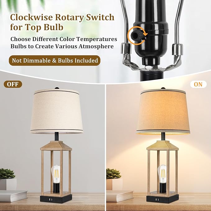 28" Farmhouse Table Lamp with 2 Light, 3-Way Dimmable Vintage Touch Control Nightstand Bedside Wood Lamp with USB Ports for Living Room, Bedroom, Home, Office, 2 Bulbs Included