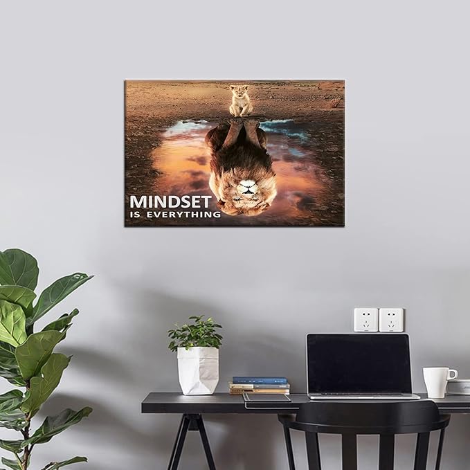 Motivational Canvas Wall Art Mindset is Everything Inspirational Entrepreneur Quotes Posters Print Artwork Small Lion Big Lion Painting Picture for Home Office Framed Ready to Hang [18''W x 12''H]