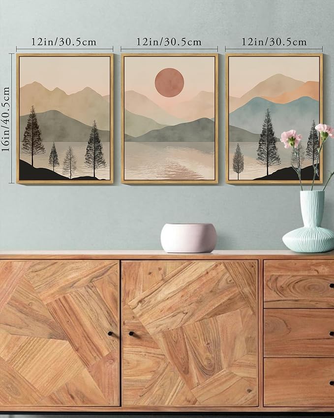 KUVIOKE Vintage Landscape Framed Wall Art Mountain Range Wall Decor Ink Wash Watercolor Nature Laker Sun Rises Prints Bedroom Living Dining Room Ready to Hang 12x16in (Natural Framed)