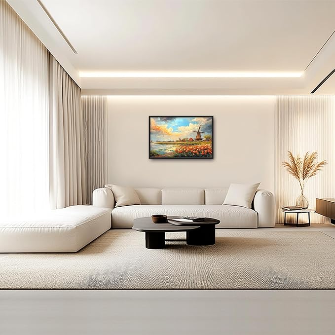 Landscape Framed Wall Art for Living Room, Large Tulips Canvas Wall Decor, Vintage Florals Pictures Painting, Farmhouse Artwork for Bathroom Bedroom 36L'' × 24W''