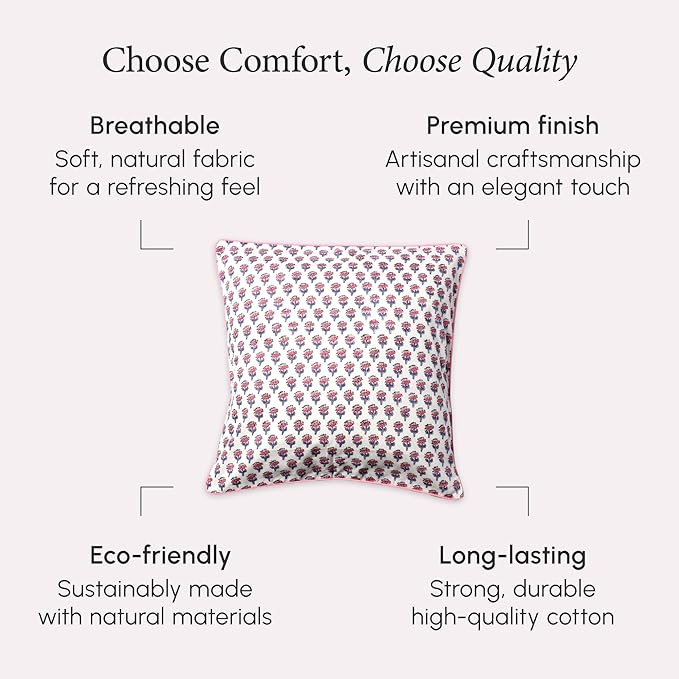 CPC 100% Cotton Throw Pillow Covers 24x24 Inch, Set of 2 Pink Block Print Pattern Couch Pillow, Cute Boho Decorative Pillows for Living Room, Bedroom with Hidden Zipper- Pink Sapphire
