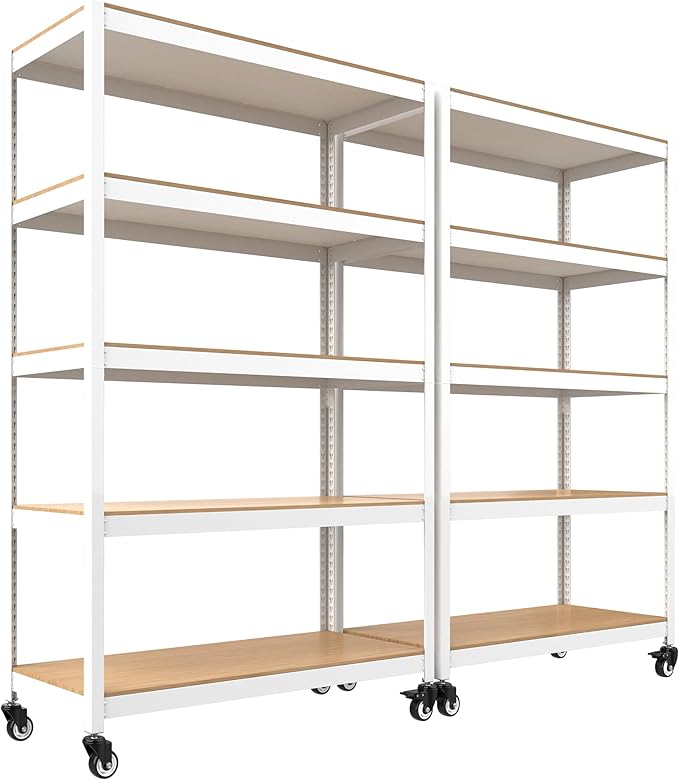 HOMEDANT House White 5-Tier Metal Boltless Rolling Cart Shelf Rack Casters Heavy Duty Wheel Shelving Unit Adjustable Storage Shelves Organizer Shelf Kitchen Garage 48.1" W x 18.5" D x 75.4" H 2Pack