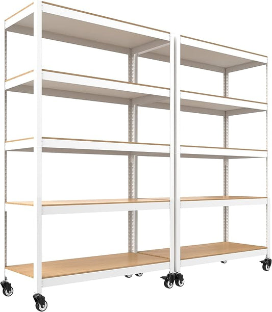 HOMEDANT House White 5-Tier Metal Boltless Rolling Cart Shelf Rack Casters Heavy Duty Wheel Shelving Unit Adjustable Storage Shelves Organizer Shelf Kitchen Garage 48.1" W x 18.5" D x 75.4" H 2Pack
