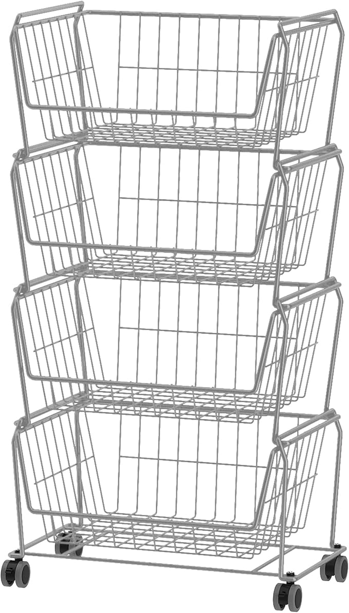 PUSDON Stackable Metal Storage Carts, Dual Use Shelf for Kitchen Fruit Vegetable Baskets with Wheels, Storage Rack for Living Room, Home & Office, Standard Silver Grey 4 Tiers
