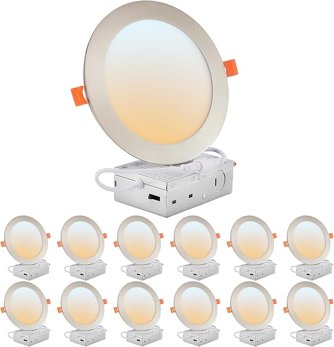 DLLT LED Recessed Ceiling Lights: 12 Pack 6 Inch 5CCT Ultra-Thin Lighting with Junction Box for Bedroom - 1200LM Brightness 12W Eqv 110W Dimmable Canless Wafer Downlight with ETL&FCC-Nickel Brush