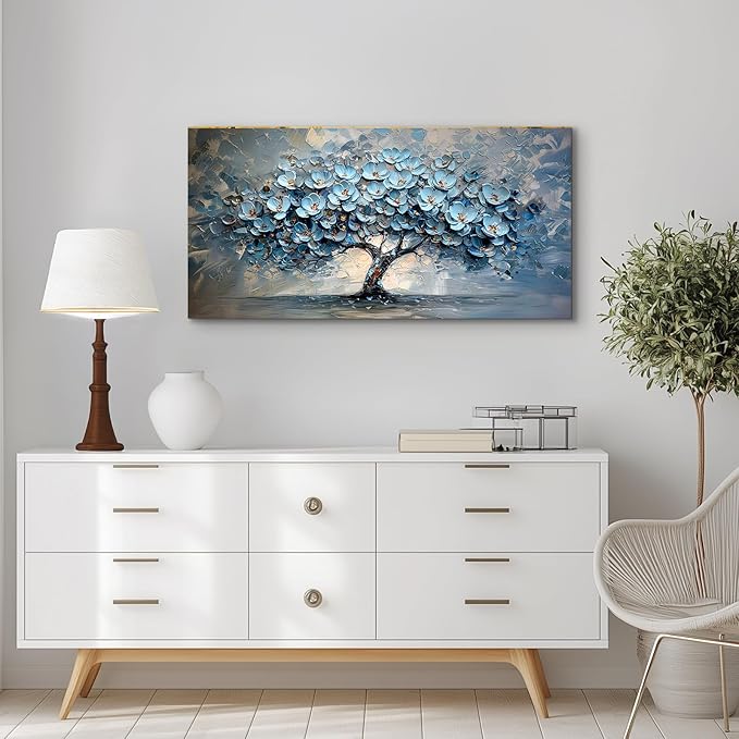 crmotu Tree of Life Large Wall Art for Living Room, Blue Floral Tree Abstract Canvas Prints Aesthetic Pictures, Modern Neutral Wall Decor for Bedroom Bathroom Office, Nature Botanical Decor 24"X48"