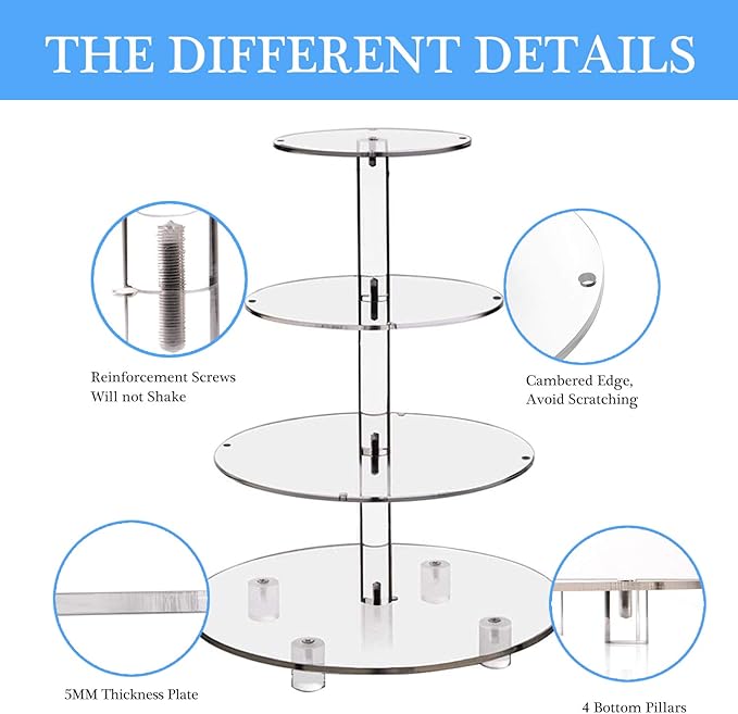 YestBuy 4 Tier Round Cupcake Stand – Premium Cupcake Holder – Acrylic Cupcake Tower Display- Cady Bar Party Décor + LED Light String – Ideal for Weddings, Birthday Parties & Events (Blue)