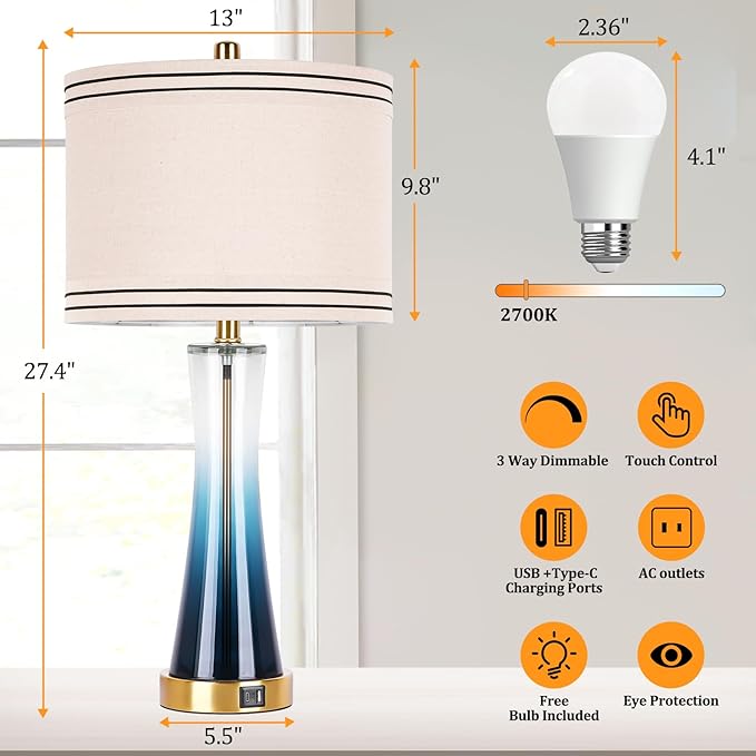 27.4''Table Lamps for Living Room Set of 2，3-Way Dimmable Modern Glass Bedside Lamps with USB Ports，Tall Lamps for Night Stands，Touch End Table Lamps for Bedroom Desk Lamps for Home Office（Blue）