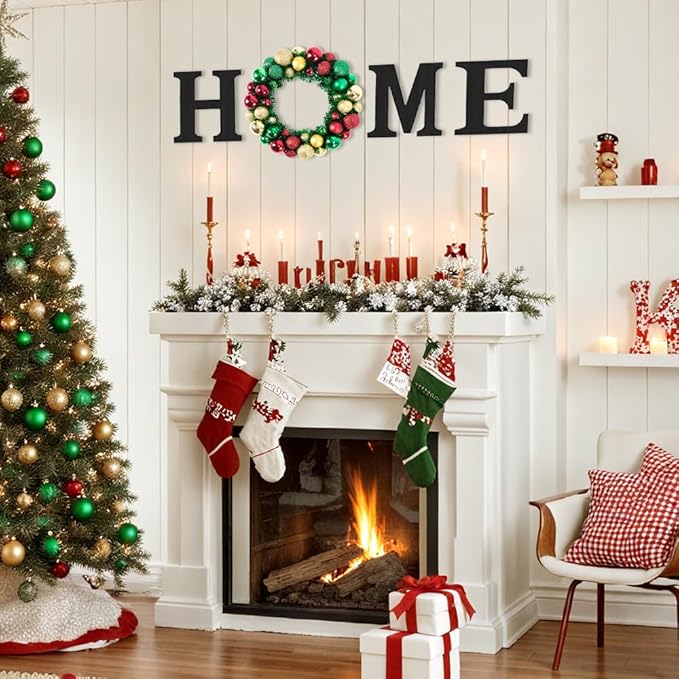 Wooden Home Sign with Artificial Christmas Wreath for O, Hanging Farmhouse Wall House Winter Decor Wood Letters for Wall Art Rustic Home Decor, Red Green Wreath for Living Room Entryway