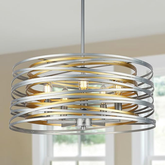 19.7'' Double Round Metal Chandelier, 5-Light Modern Farmhouse Dining Room Lights Over Table, Gold Chandelier for Hallway Kitchen Island Entryway Stairwell, Silver with Gold Interior