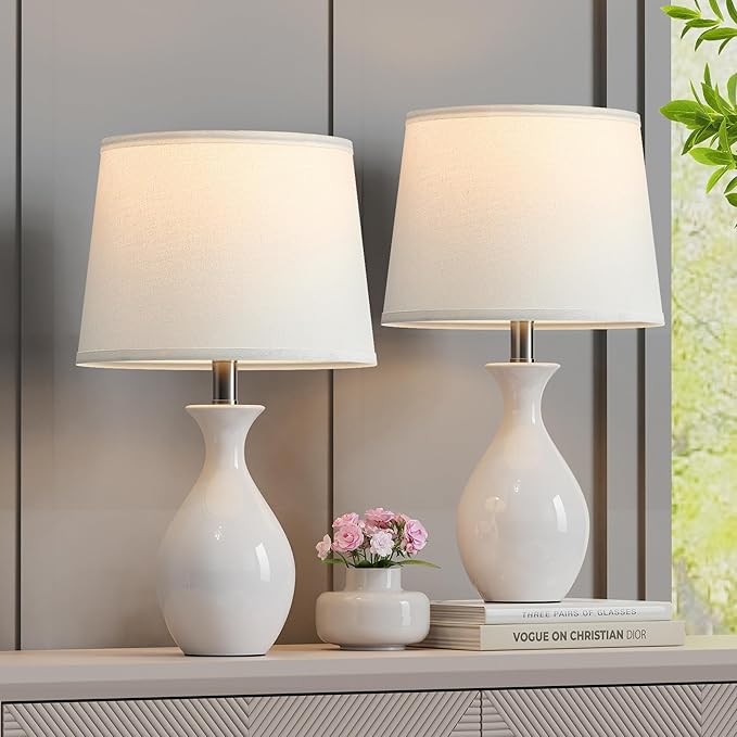 PARTPHONER Table Lamp Set of 2, Modern Ceramic Bedside Lamps for Night Stands, Classic Small Lamp Nightstand Lamp for Bedroom Living Room Desk End Table Rocker Swtich White