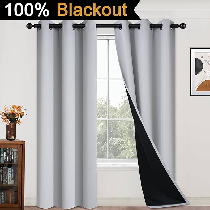 Yakamok 100% Blackout Curtains for Bedroom 84 Inch Length, 2 Thick Layers Thermal Insulated Grommet Total Blackout Drapes with Black Liner for Living Room (42Wx84L,Light Grey, 2 Panels)