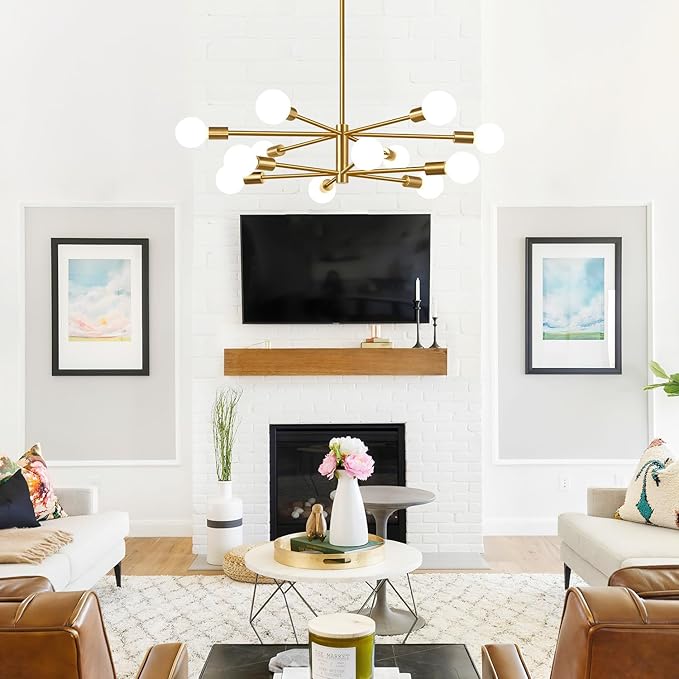 33" Modern Chandelier Ceiling Light Fixture, 12-Light Sputnik Chandeliers Brushed Gold Mid Century Chandelier Over Table, Height Adjustable Chandeliers for Dining Room Living Room Kitchen Island