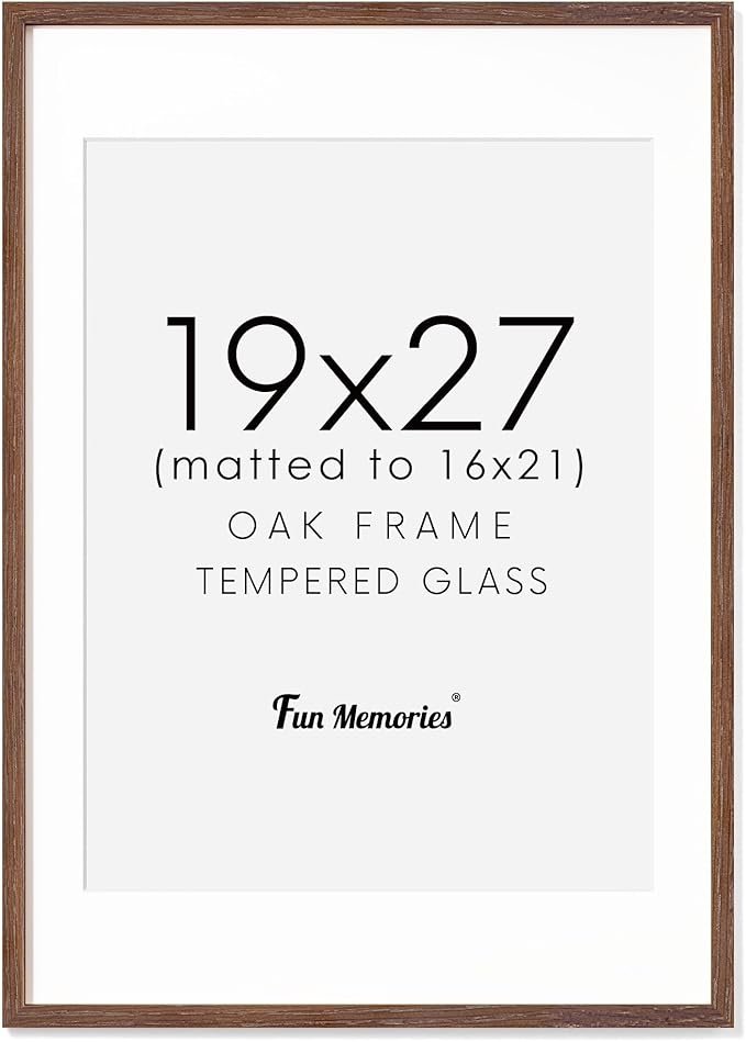Solid Oak Wood Frame - 19x27, Matted to 16x21, Real Glass, Walnut Color, 1 Pack