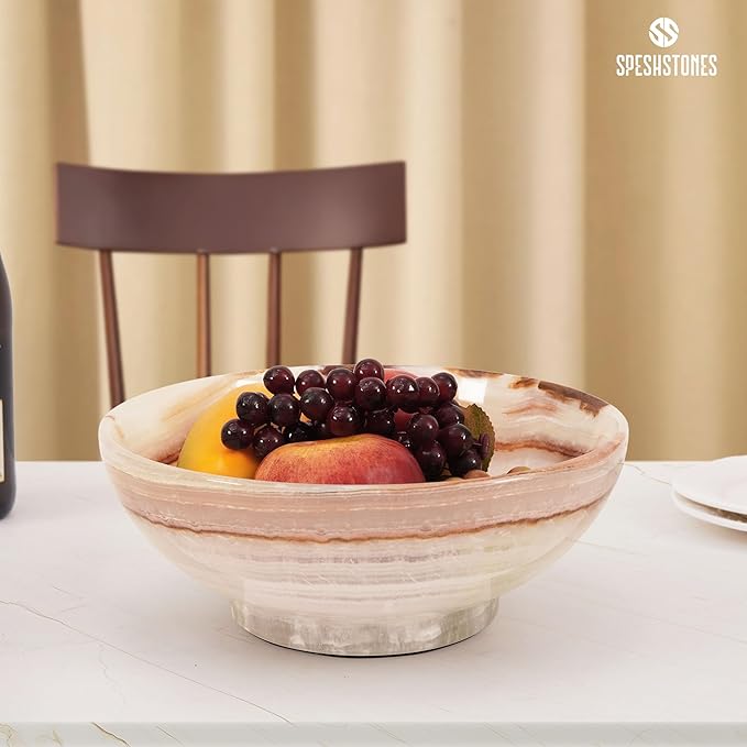Marble Fruit Bowl 10 Inch White Onyx Handmade Decorative Serving Dish for Fruits, Snacks & Kitchen Counter - Ideal Stone Large Pedestal Bowls for Dining & Coffee Table Decor