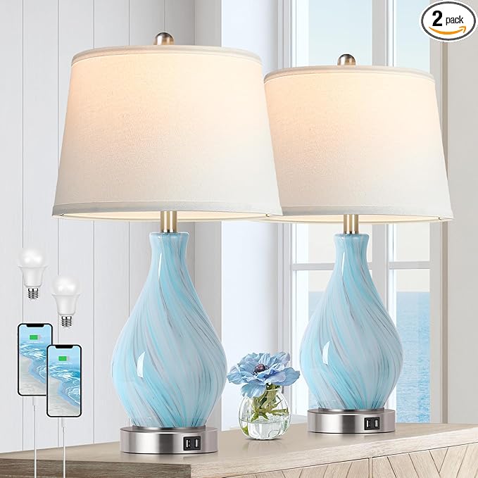 Modern Accent Table Lamp Set of 2 Touch Control, 22" Faded Swirl Blue Gray Art Glass Bedside Lamp with USB Ports, 3-Way Dimmable Hand Crafted Nightstand Lamps White Drum Shade for Living Room Bedroom