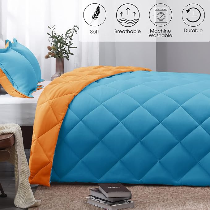 Basic Beyond King Size Comforter Set - Peacock Blue and Orange, Reversible for All Seasons - 1 Comforter (104"x92") and 2 Pillow Shams (20"x36"+2")