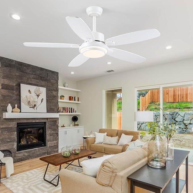 Ceiling Fan with Light and Remote/APP Control,50" Modern Indoor Ceiling Fan with DC Reversible Motor, Quiet 6 Speeds Flush Mount Ceiling Fan Light for Bedroom,Dinnig Room,White