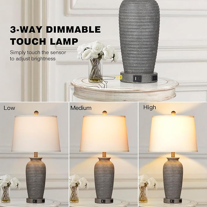 25" Farmhouse Jar Table Lamps, 3 Way Touch Control Rustic Bedside Lamps with USB A+C Ports & AC Outlet, Pot Nightstand Lamps for Bedroom Living Room (LED Bulbs Included)
