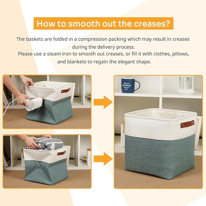 DULLEMELO Set Of 4 Cube Storage Bins, Fabric Storage Basket for Shelves Closet Nursery Toy Storage, 12 inch Fabric Storage Cubes Bins Canvas Organization Baskets (White&Deep Green)