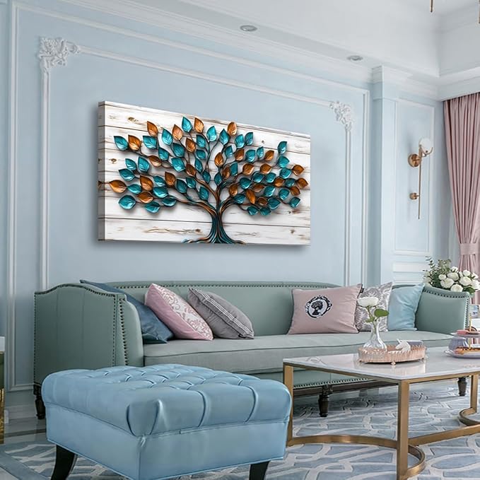 Tree of Life Teal Gold Tree Leaves Pictures Canvas Wall Art for Living Room Office Bedroom Abstract Wall DecorArt Print Paintings Modern Metal Tree Wood Plank Artwork Waterproof to Hang-20x40inch