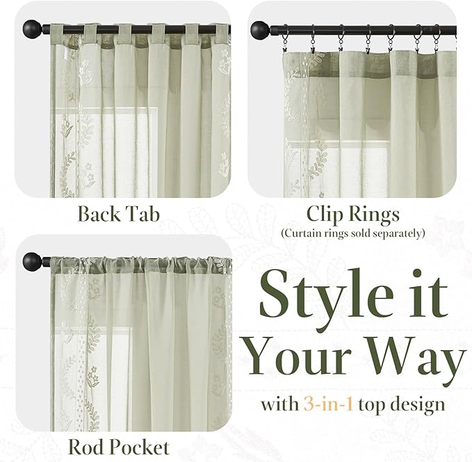 jinchan Belrose Sage Green Floral Sheer Curtains for Living Room 96 Inch Long Voile Embroidered Farmhouse Curtains for Bedroom Ivory Flower Patterned Rod Pocket Window Treatments, 2 Panels Green