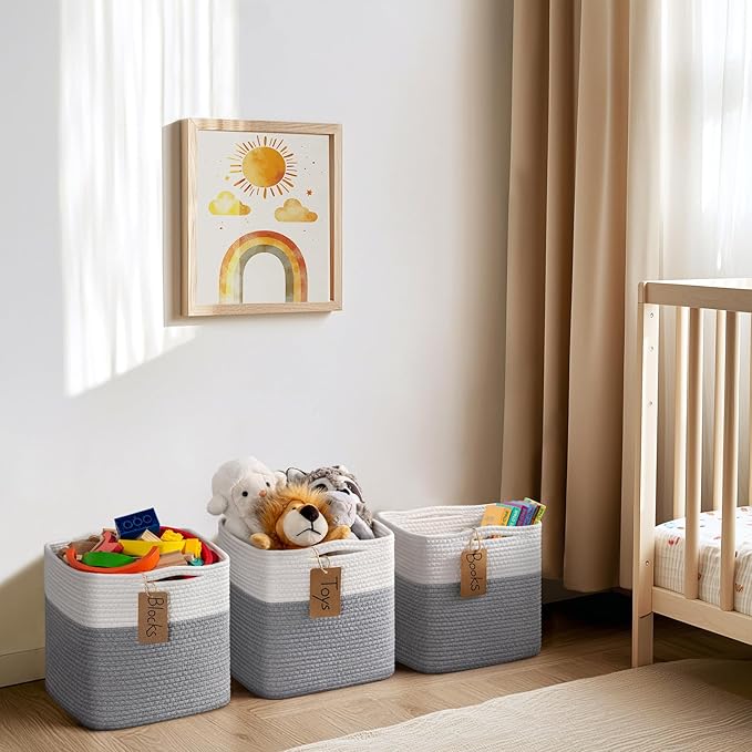INDRESSME 11x11 Cube Storage Bins, 3-Pack Rope Woven Basket for Organizing Cube Toy Baskets Storage Kids, Square Baskets for Cloth Towel, Book Basket, Bathroom, White & Grey