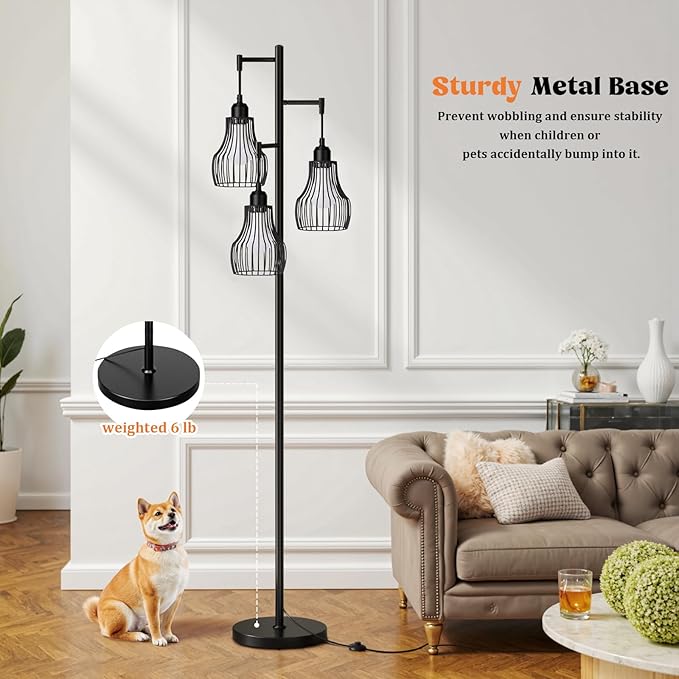 Dimmable Floor Lamps for Living Room, Farmhouse Tree Standing Tall Lamp with Remote Control 3 Elegant Cage Shade LED Bulbs for Bedroom Office - Black