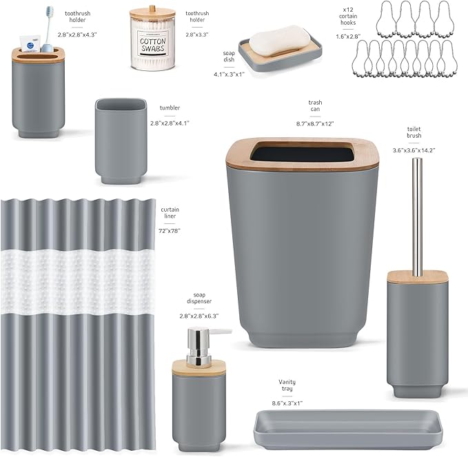 Bathroom Accessories Set,Grey Bathroom Set,24 Pieces Bathroom Accessory Set with Shower Curtain,Trash Can for Bathroom Accessories Décor and Home Gifts