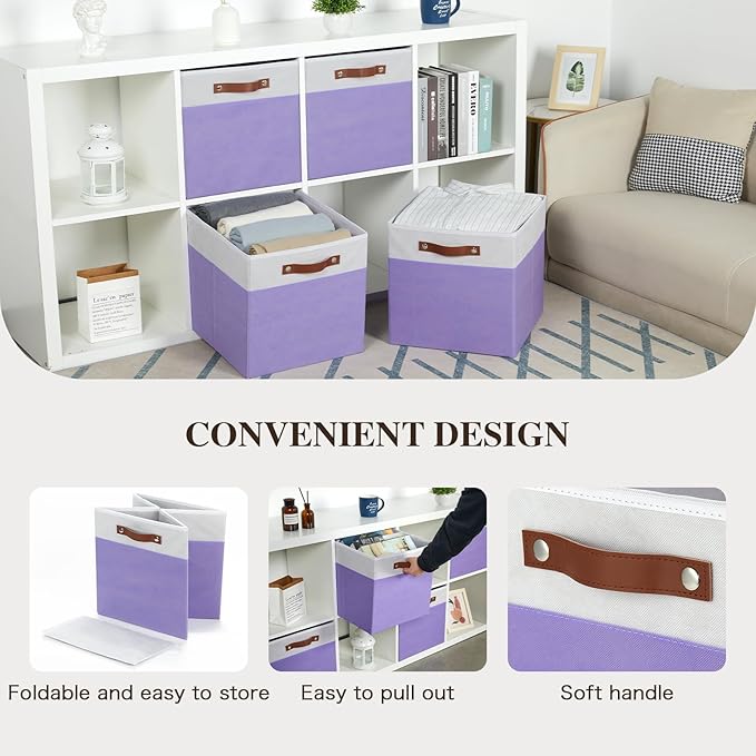 Temary Foldable Cube Baskets 4Pack - Clothes Shelf Storage with Handles, Fabric Storage Organizer Bins (White&Purple, 13x15x13 Inch)