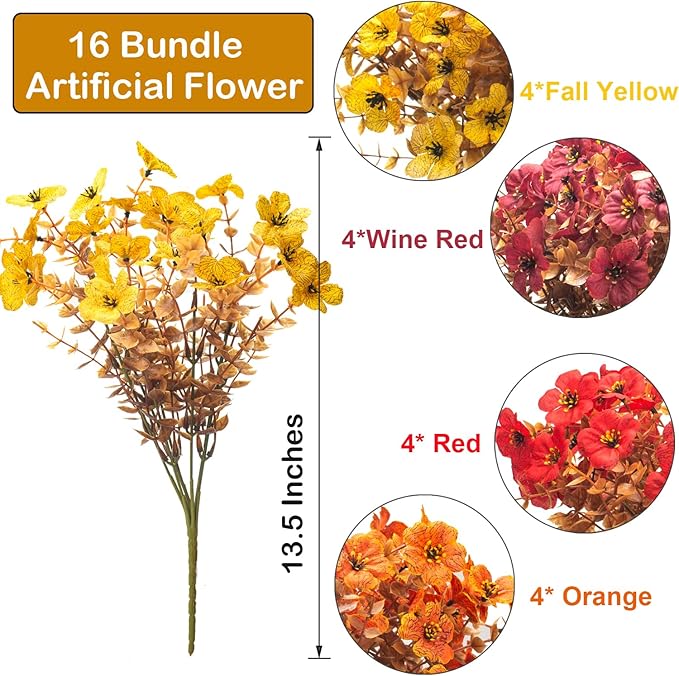 16 Bundles Artificial Fall Flowers Outdoor UV Resistant, Faux Greenery for Hanging Planters & Window Box - No Fade Thanksgiving Christmas Decor, Garden Porch Wedding (Mixed Colors)