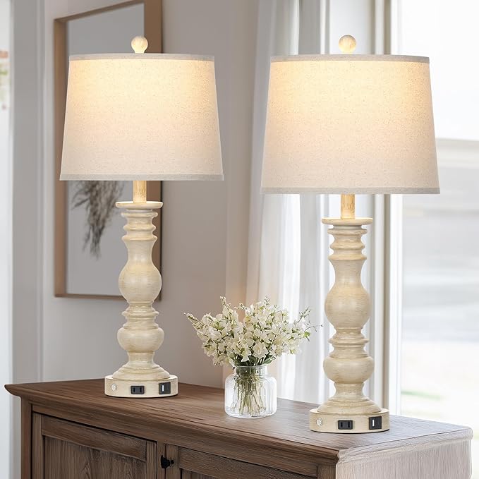 28" Farmhouse Table Lamps Set of 2 with USB C+A Ports & AC Outlet for Vintage Living Room Retro Bedroom,3-Way Dimmable Touch Lamp Resin Bedside Lamps for Nightstand Side End Table, Beige
