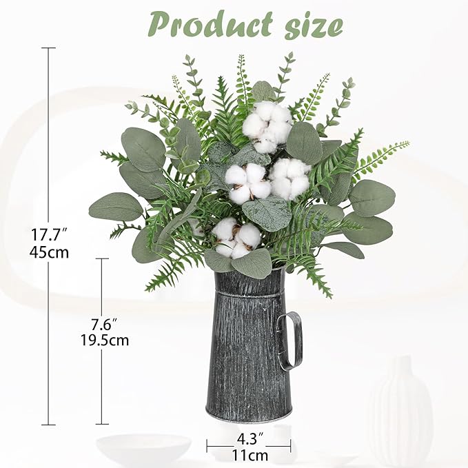 Hollyone Artificial Eucalyptus Plant in Rustic Metal Vase 18" Fake Plants Eucalyptus Leaves with Cotton Stems Faux Greenery Arrangement Potted for Farmhouse Kitchen Office Shelf Home Indoor Decor