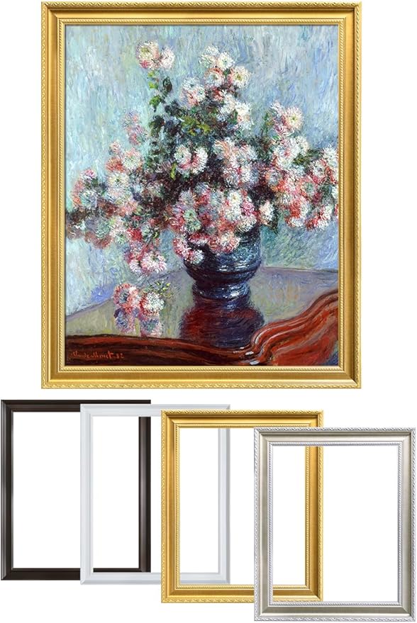DECORARTS - Claude Monet Chrysanthemums 1882, Large Framed Wall Art, Canvas Size 28x35, Outer Dimensions Larger With Customizable Solid Wood Frames, Giclee Canvas Print, Made in USA