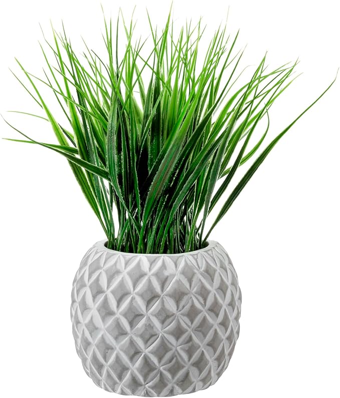 MyGift Artificial Green Grass Plant in Modern Round Gray Concrete Pot with Embossed Diamond Pattern, Tabletop Faux Greenery Decor Potted in Decorative Planter