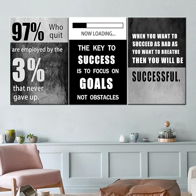QYHART Motivational Poster Success Inspirational Wall Art Canvas Paintings 3 Piece Picture Artwork Living Room Prints Wall Decor Decoration Wooden Framed Ready to Hang [72''Wx 36''H]