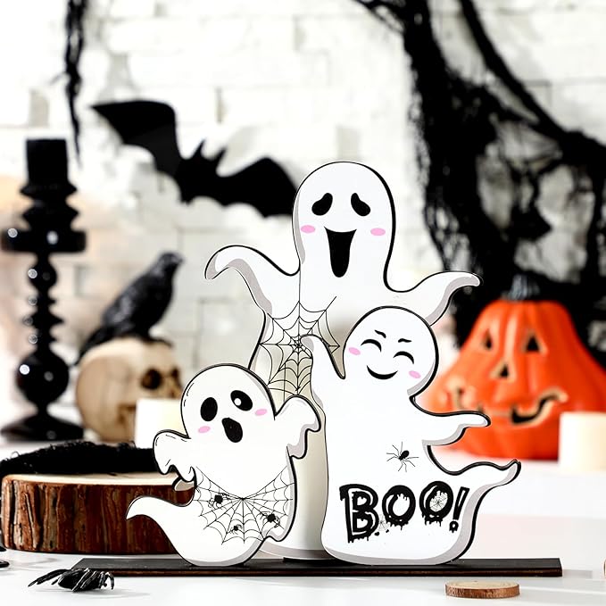 Halloween Ghost Table Decorations Cute Ghost Decor Indoor Halloween Wooden Table Centerpieces Farmhouse Boo Signs Tiered Tray Decor for Party Desk Home Living Room