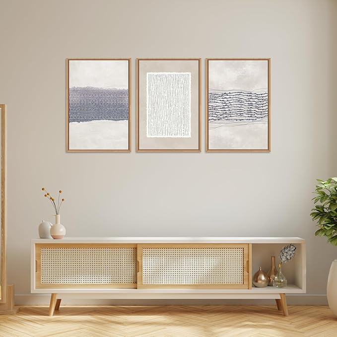 HOURIA Blue White Abstract Neutral Framed Canvas Wall Art Set,Minimalist Boho Waves Lines Wall Decor,Modern Geometric Shapes Print,Mid Century Grunge Artwork for Living Room,Bedroom,Office- 16"x24"x3