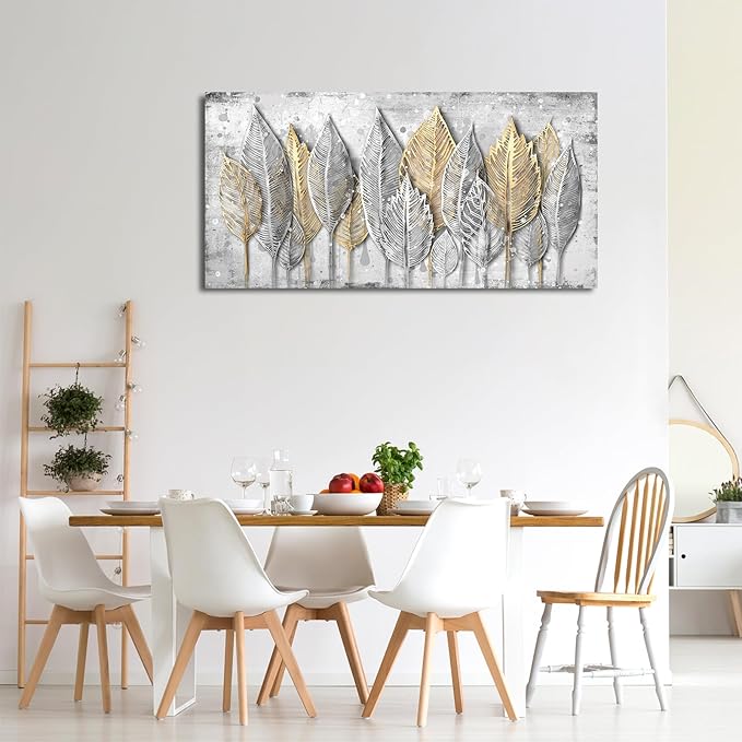 NINEASO Abstract Leaves Wall Art - Modern Aesthetic Nature Pictures Wall Decor Elegant Leaf Painting Grey White Splash Drops Canvas Print Natural Beauty Artwork for Living Room Bedroom 20" x 40"