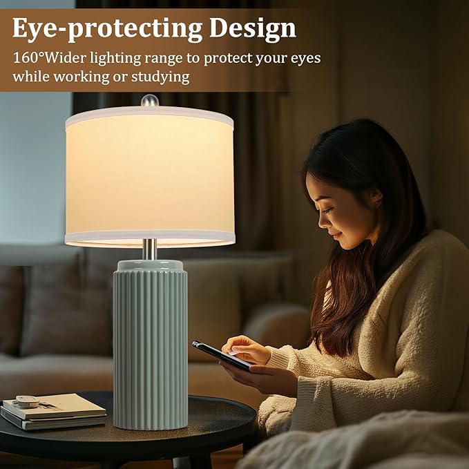 TOBUSA 23.5’’ Modern Green Ceramic Table Lamps Set of 2 for Living Room, Farmhouse Ceramic Bedside Nightstand Lamps for Bedroom, Vintage Decorative Boho Lamps for Home End Table Dorm Office