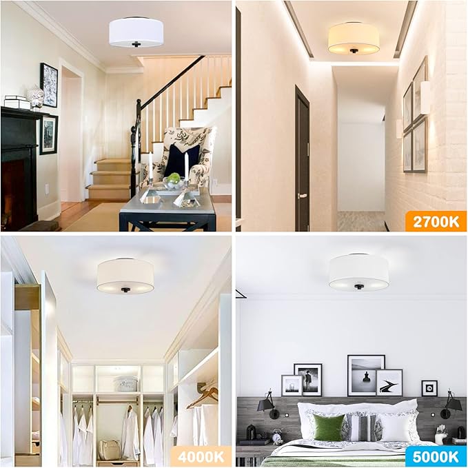 2-Light Flush Mount Ceiling Light Fixture, 12” Modern Close to Ceiling Light with White Fabric Linen Drum Shade, Round Ceiling Light for Bedroom Hallway Living Room Bathroom Dining Kitchen